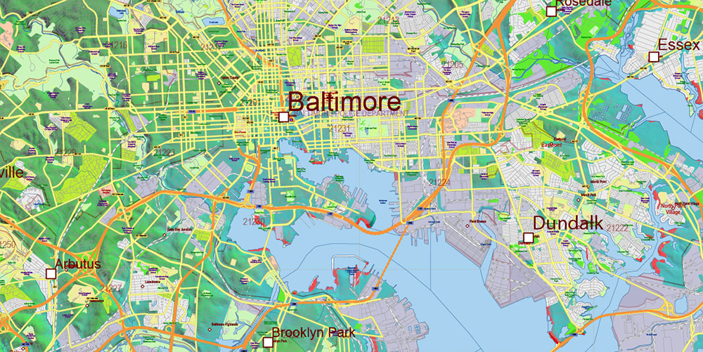 Maryland State US Map Vector Shaded Relief Extended Exact High Detailed Street Road Map + Counties + Zipcodes editable Adobe Illustrator in layers