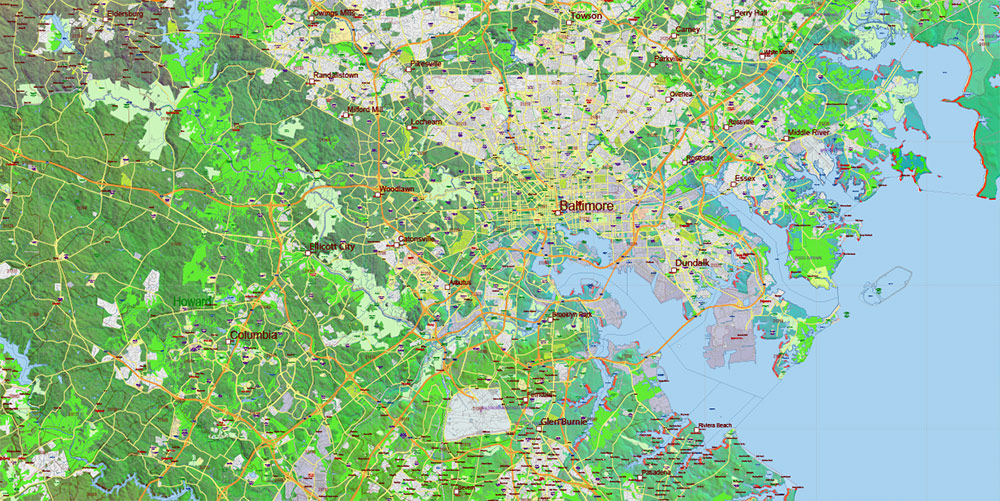 Maryland State US Map Vector Shaded Relief Extended Exact High Detailed Street Road Map + Counties + Zipcodes editable Adobe Illustrator in layers