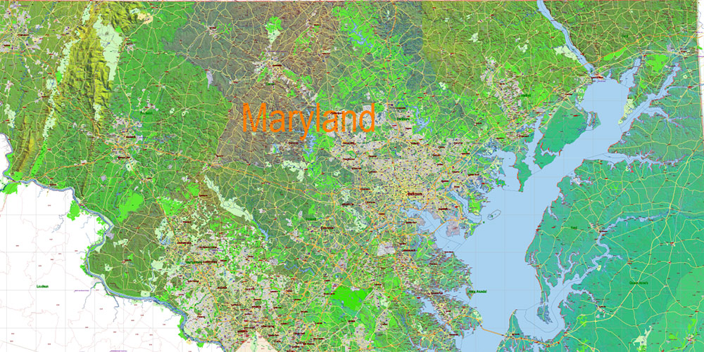 Maryland State US Map Vector Shaded Relief Extended Exact High Detailed Street Road Map + Counties + Zipcodes editable Adobe Illustrator in layers