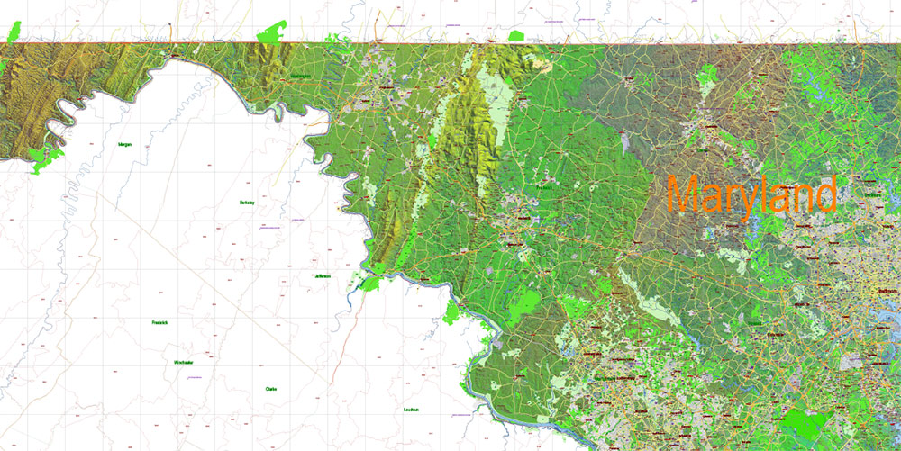 Maryland State US Map Vector Shaded Relief Extended Exact High Detailed Street Road Map + Counties + Zipcodes editable Adobe Illustrator in layers