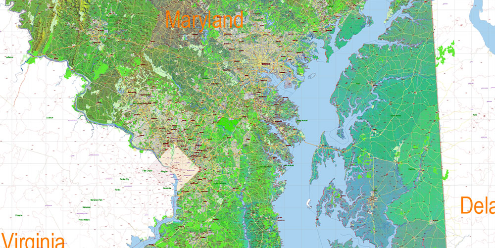 Maryland State US Map Vector Shaded Relief Extended Exact High Detailed Street Road Map + Counties + Zipcodes editable Adobe Illustrator in layers