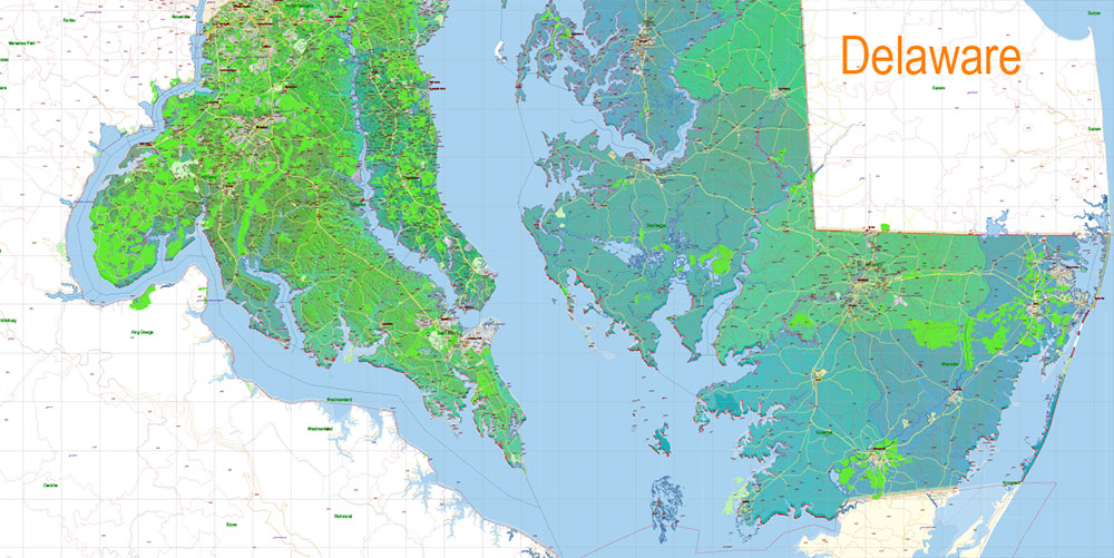 Maryland State US Map Vector Shaded Relief Extended Exact High Detailed Street Road Map + Counties + Zipcodes editable Adobe Illustrator in layers