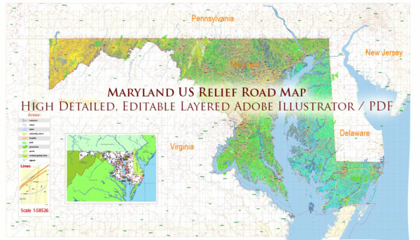 Maryland State US Map Vector Colored Relief Extended Exact High Detailed Street Road Map + Counties + Zipcodes editable Adobe Illustrator in layers