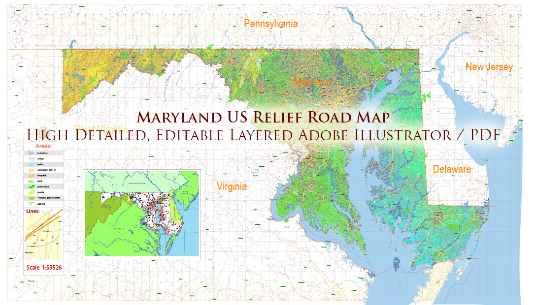 Maryland State US Map Vector Colored Relief Extended Exact High Detailed Street Road Map + Counties + Zipcodes editable Adobe Illustrator in layers