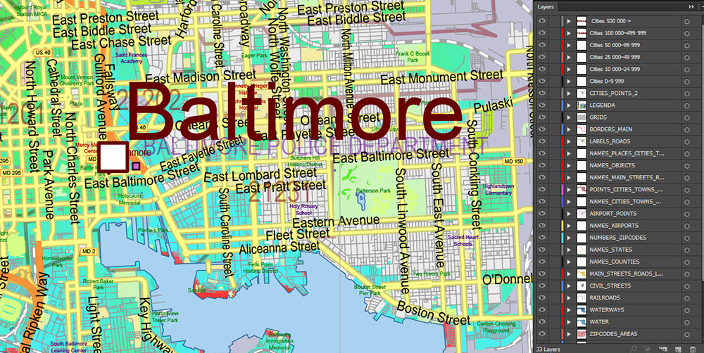 Maryland State US Map Vector Colored Relief Extended Exact High Detailed Street Road Map + Counties + Zipcodes editable Adobe Illustrator in layers