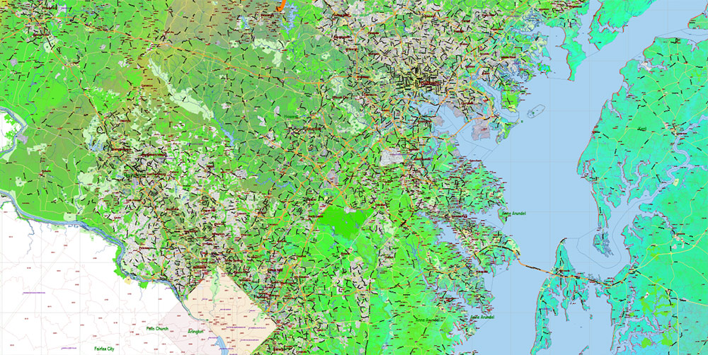 Maryland State US Map Vector Colored Relief Extended Exact High Detailed Street Road Map + Counties + Zipcodes editable Adobe Illustrator in layers