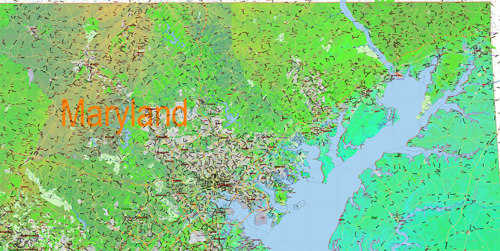 Maryland State US Map Vector Colored Relief Extended Exact High Detailed Street Road Map + Counties + Zipcodes editable Adobe Illustrator in layers