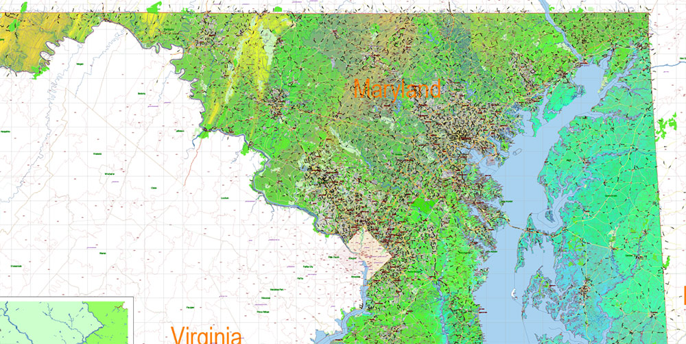 Maryland State US Map Vector Colored Relief Extended Exact High Detailed Street Road Map + Counties + Zipcodes editable Adobe Illustrator in layers