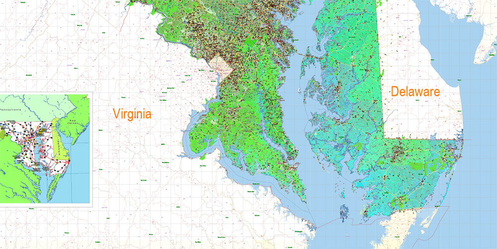 Maryland State US Map Vector Colored Relief Extended Exact High Detailed Street Road Map + Counties + Zipcodes editable Adobe Illustrator in layers