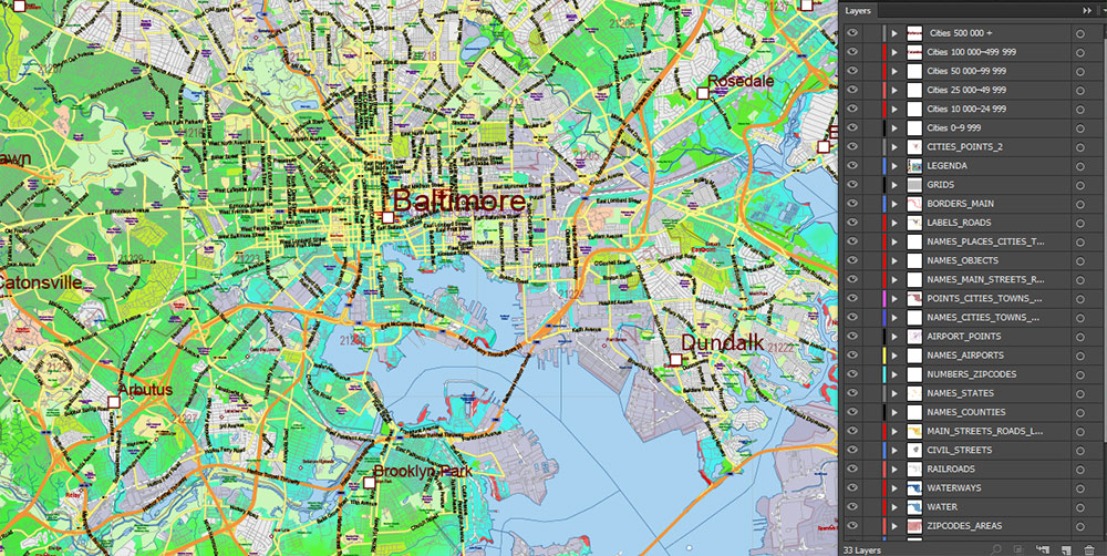 Maryland State US Map Vector Colored Relief Extended Exact High Detailed Street Road Map + Counties + Zipcodes editable Adobe Illustrator in layers
