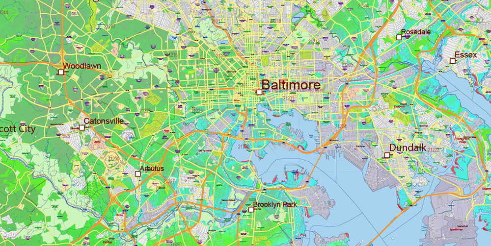 Maryland State US Map Vector Colored Relief Extended Exact High Detailed Street Road Map + Counties + Zipcodes editable Adobe Illustrator in layers