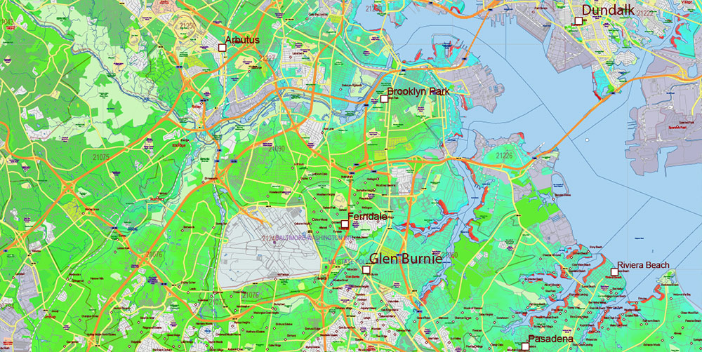 Maryland State US Map Vector Colored Relief Extended Exact High Detailed Street Road Map + Counties + Zipcodes editable Adobe Illustrator in layers