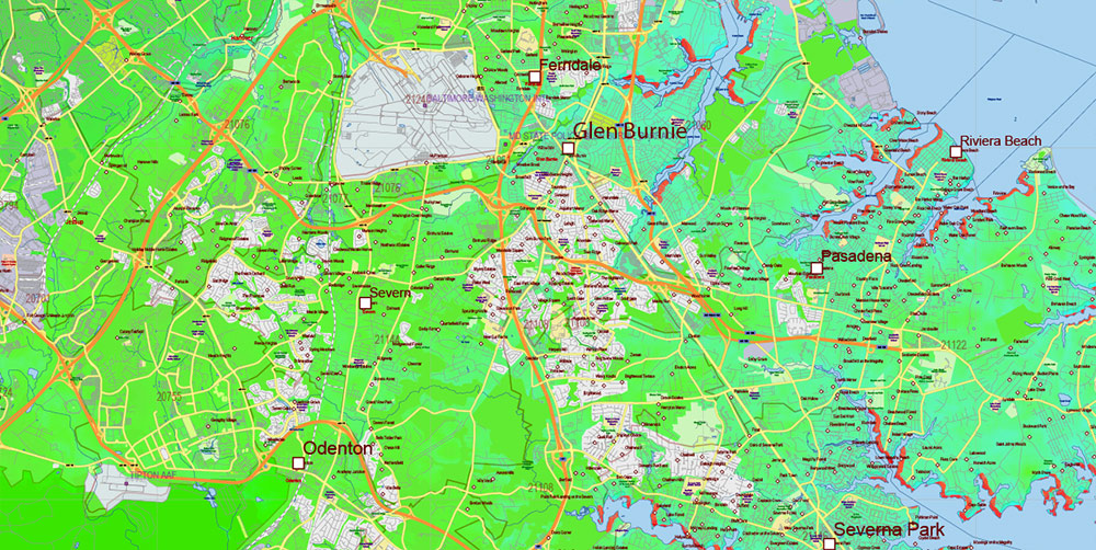 Maryland State US Map Vector Colored Relief Extended Exact High Detailed Street Road Map + Counties + Zipcodes editable Adobe Illustrator in layers