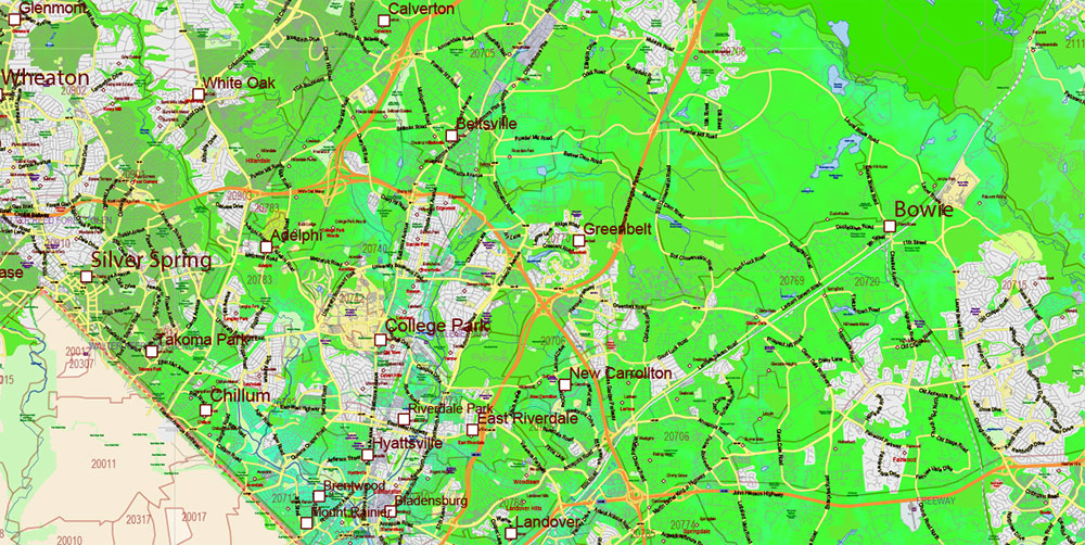 Maryland State US Map Vector Colored Relief Extended Exact High Detailed Street Road Map + Counties + Zipcodes editable Adobe Illustrator in layers