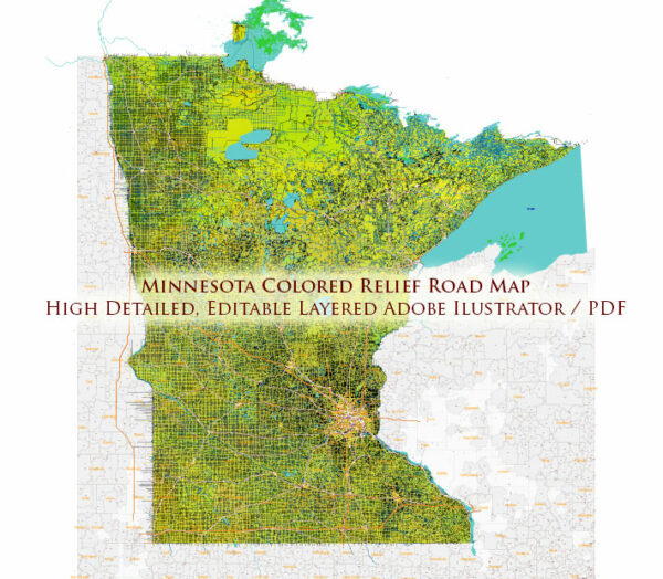 Minnesota State US Colored Relief Vector Map: Full Extra High Detailed (all roads, zipcodes, airports) + Admin Areas + main road names and shields editable Adobe Illustrator in layers