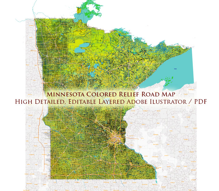 Minnesota State US Colored Relief Vector Map: Full Extra High Detailed (all roads, zipcodes, airports) + Admin Areas + main road names and shields editable Adobe Illustrator in layers
