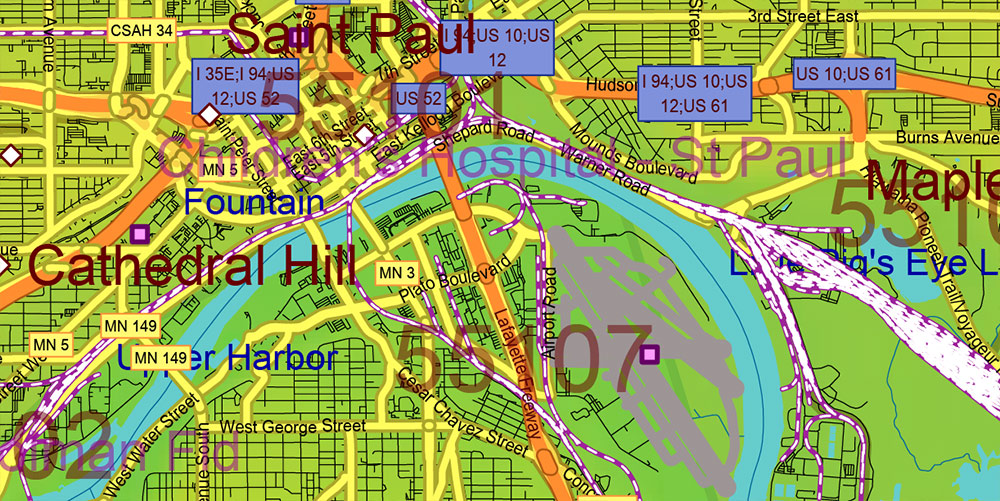 Minnesota State US Colored Relief Vector Map: Full Extra High Detailed (all roads, zipcodes, airports) + Admin Areas + main road names and shields editable Adobe Illustrator in layers