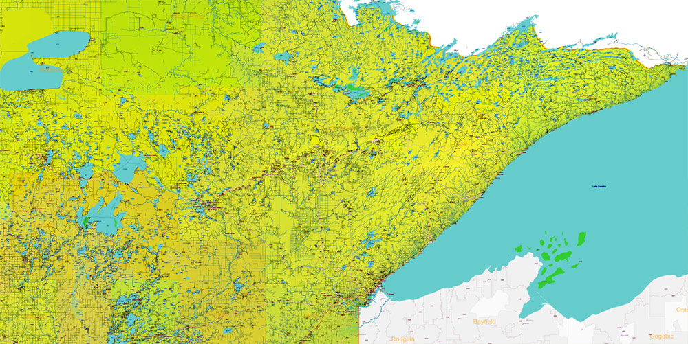 Minnesota State US Colored Relief Vector Map: Full Extra High Detailed (all roads, zipcodes, airports) + Admin Areas + main road names and shields editable Adobe Illustrator in layers