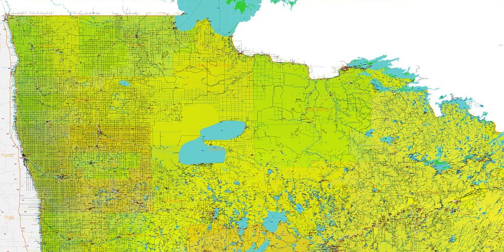 Minnesota State US Colored Relief Vector Map: Full Extra High Detailed (all roads, zipcodes, airports) + Admin Areas + main road names and shields editable Adobe Illustrator in layers