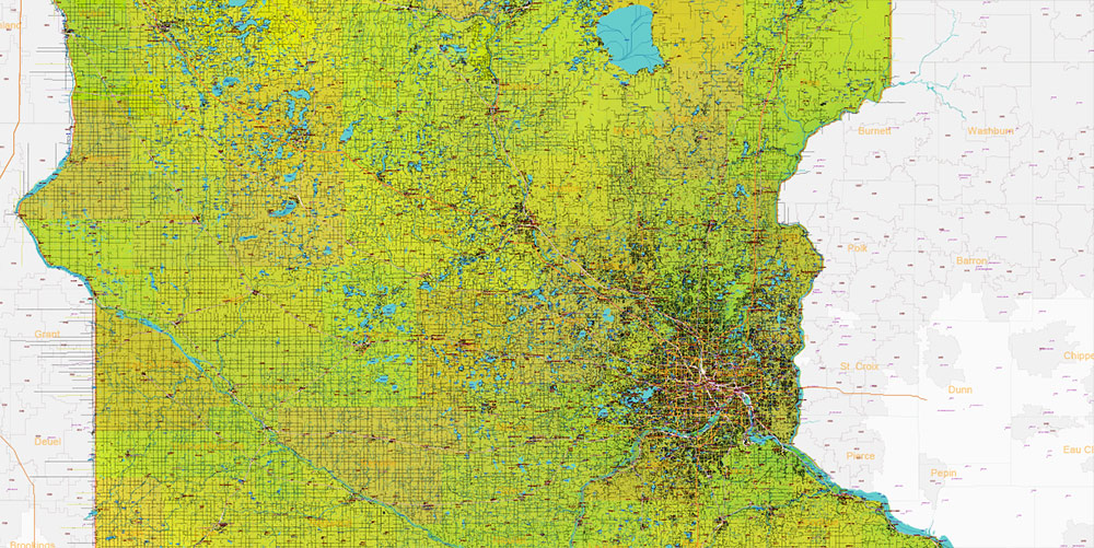 Minnesota State US Colored Relief Vector Map: Full Extra High Detailed (all roads, zipcodes, airports) + Admin Areas + main road names and shields editable Adobe Illustrator in layers