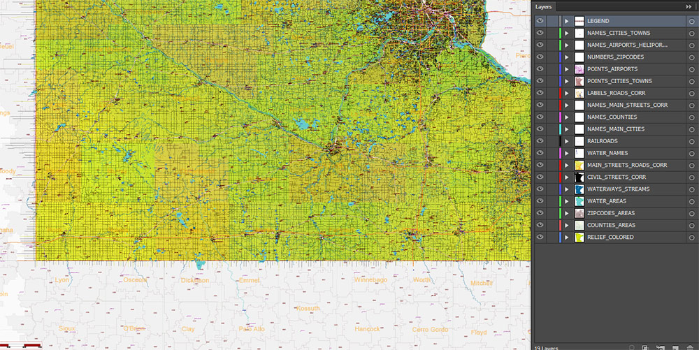 Minnesota State US Colored Relief Vector Map: Full Extra High Detailed (all roads, zipcodes, airports) + Admin Areas + main road names and shields editable Adobe Illustrator in layers