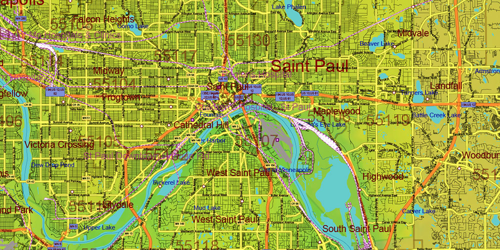 Minnesota State US Colored Relief Vector Map: Full Extra High Detailed (all roads, zipcodes, airports) + Admin Areas + main road names and shields editable Adobe Illustrator in layers