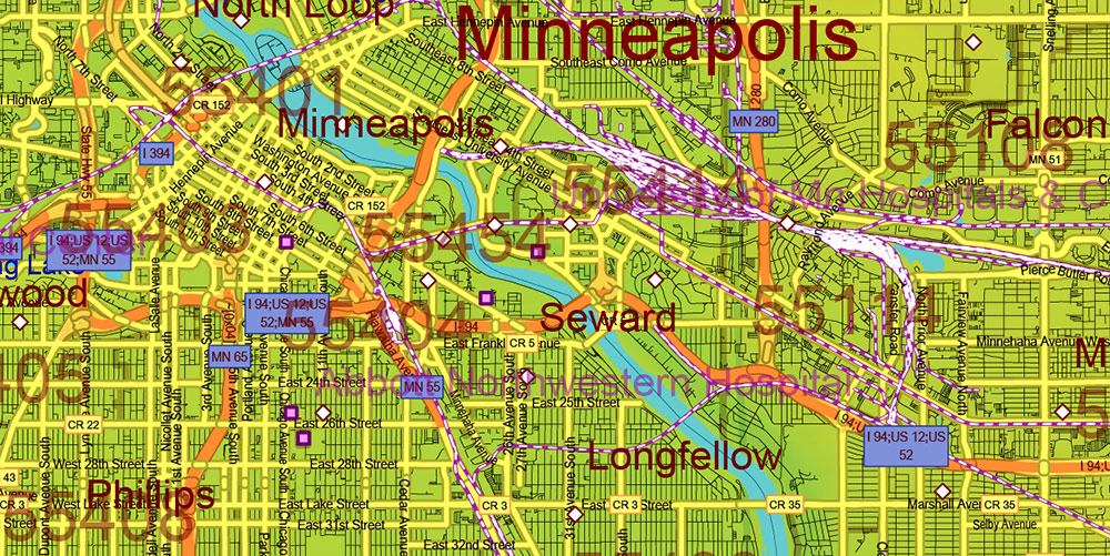 Minnesota State US Colored Relief Vector Map: Full Extra High Detailed (all roads, zipcodes, airports) + Admin Areas + main road names and shields editable Adobe Illustrator in layers