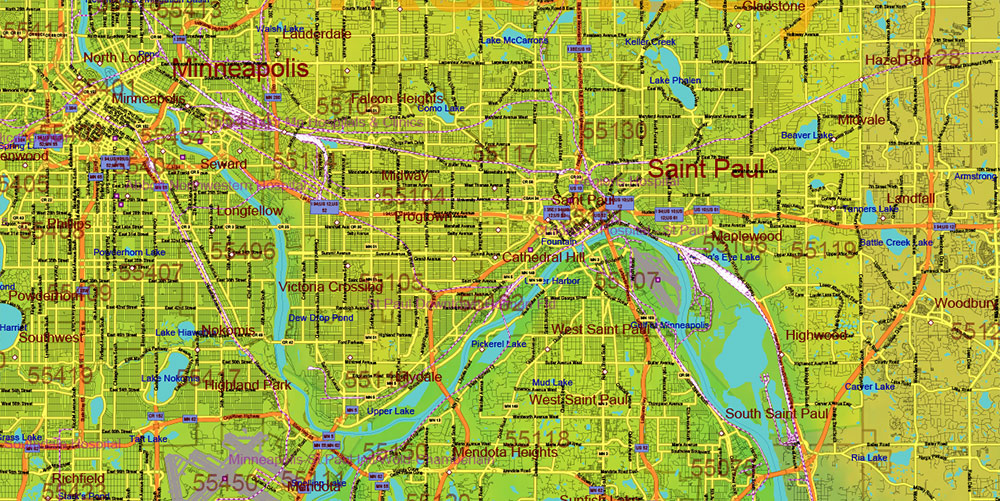 Minnesota State US Colored Relief Vector Map: Full Extra High Detailed (all roads, zipcodes, airports) + Admin Areas + main road names and shields editable Adobe Illustrator in layers