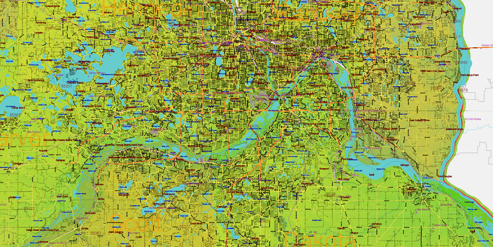 Minnesota State US Colored Relief Vector Map: Full Extra High Detailed (all roads, zipcodes, airports) + Admin Areas + main road names and shields editable Adobe Illustrator in layers