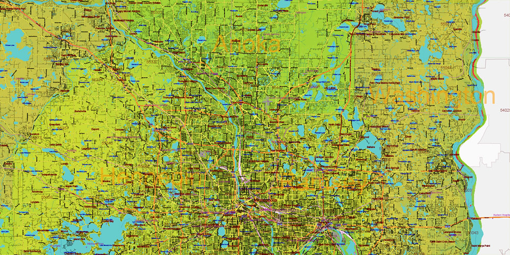 Minnesota State US Colored Relief Vector Map: Full Extra High Detailed (all roads, zipcodes, airports) + Admin Areas + main road names and shields editable Adobe Illustrator in layers