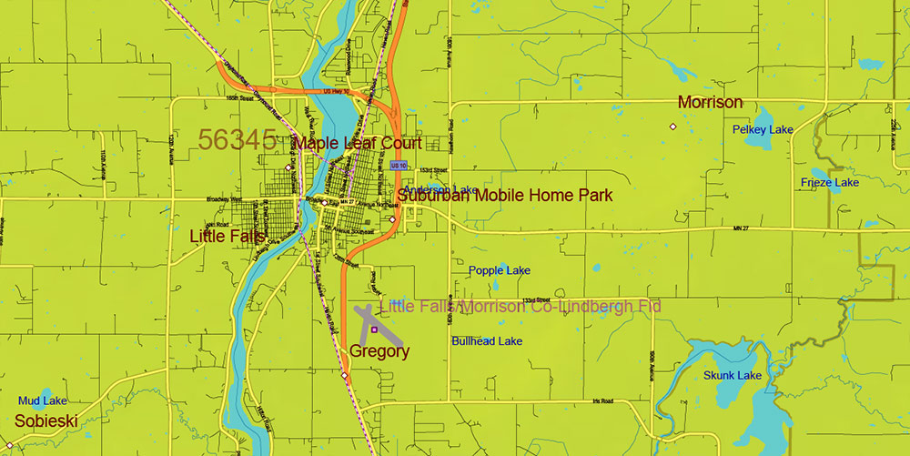 Minnesota State US Colored Relief Vector Map: Full Extra High Detailed (all roads, zipcodes, airports) + Admin Areas + main road names and shields editable Adobe Illustrator in layers