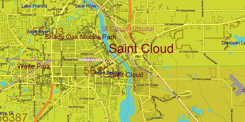 Minnesota State US Colored Relief Vector Map: Full Extra High Detailed (all roads, zipcodes, airports) + Admin Areas + main road names and shields editable Adobe Illustrator in layers