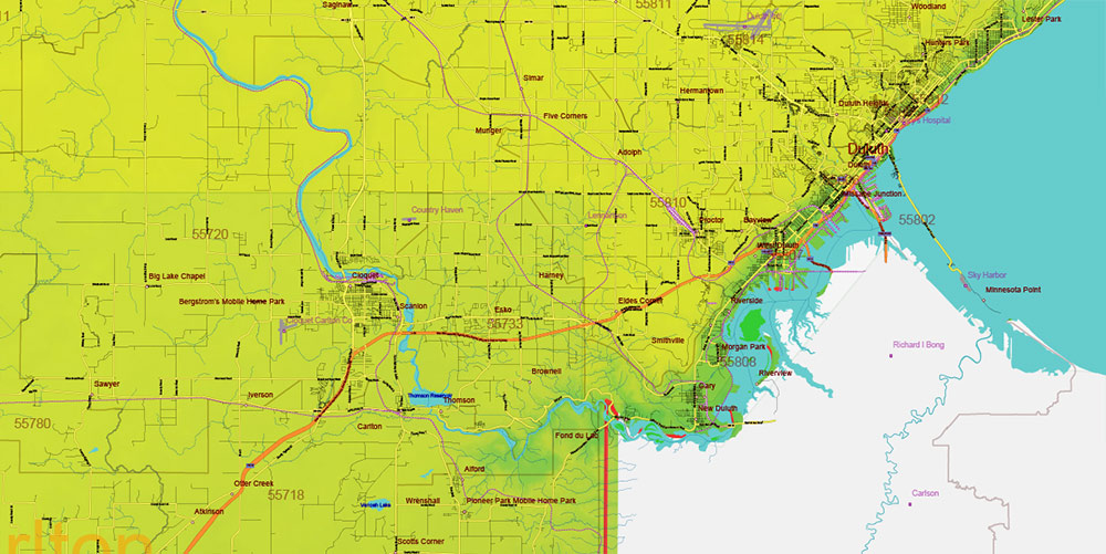 Minnesota State US Colored Relief Vector Map: Full Extra High Detailed (all roads, zipcodes, airports) + Admin Areas + main road names and shields editable Adobe Illustrator in layers