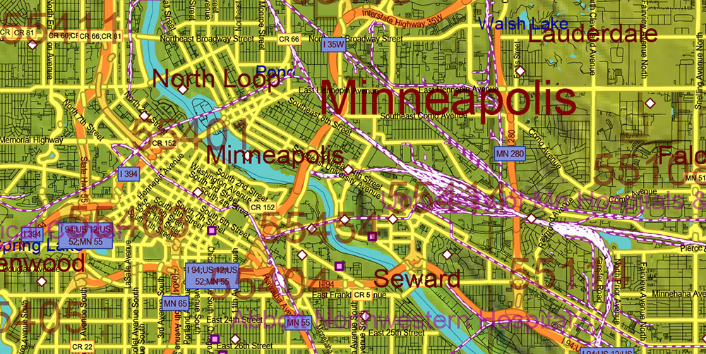 Minnesota State US Shaded Relief Vector Map: Full Extra High Detailed (all roads, zipcodes, airports) + Admin Areas + main road names and shields editable Adobe Illustrator in layers