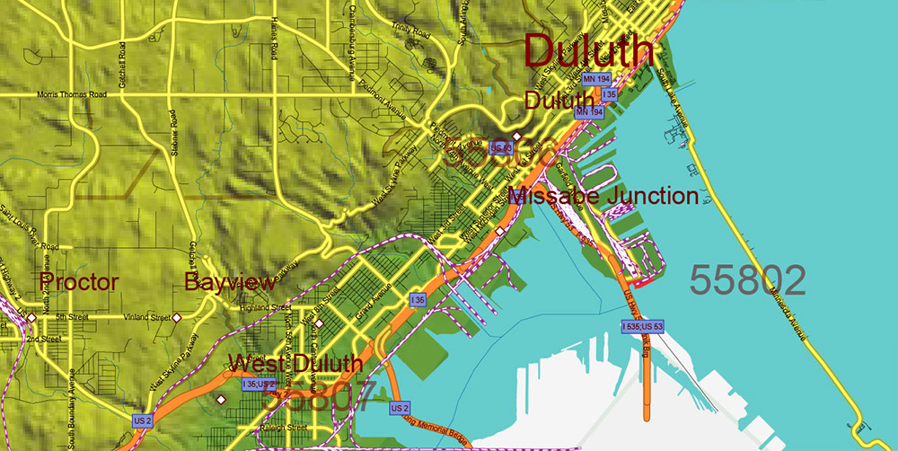 Minnesota State US Shaded Relief Vector Map: Full Extra High Detailed (all roads, zipcodes, airports) + Admin Areas + main road names and shields editable Adobe Illustrator in layers