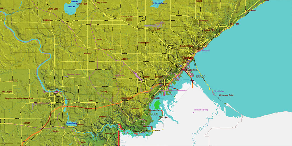 Minnesota State US Shaded Relief Vector Map: Full Extra High Detailed (all roads, zipcodes, airports) + Admin Areas + main road names and shields editable Adobe Illustrator in layers