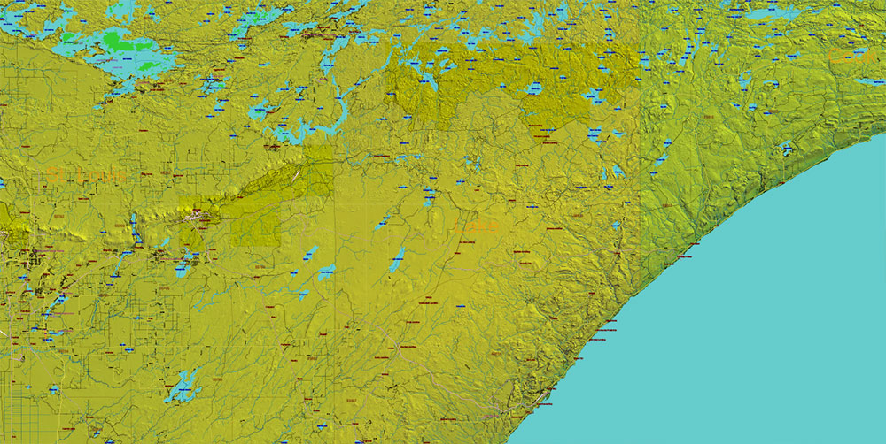 Minnesota State US Shaded Relief Vector Map: Full Extra High Detailed (all roads, zipcodes, airports) + Admin Areas + main road names and shields editable Adobe Illustrator in layers