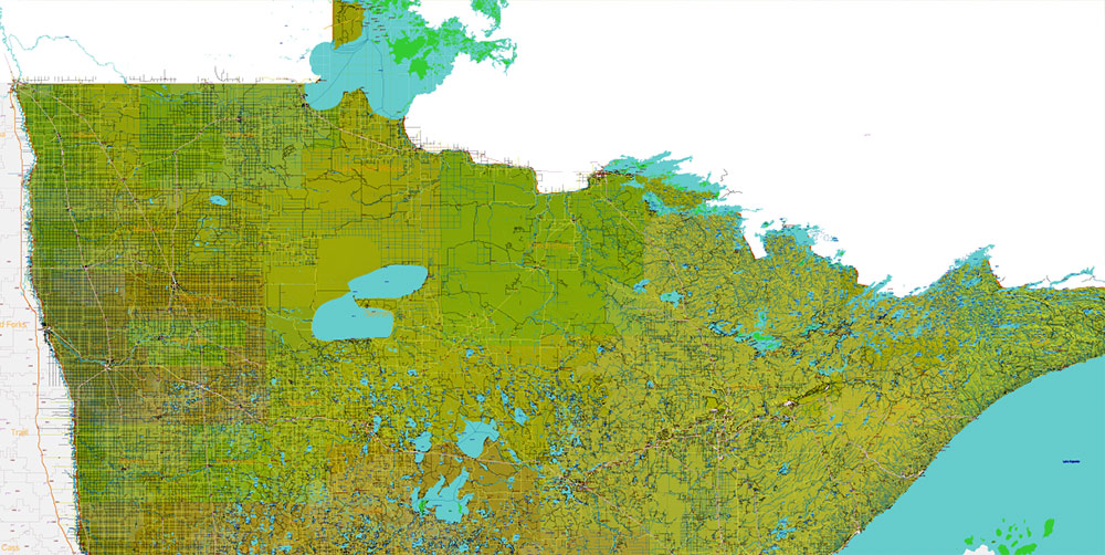 Minnesota State US Shaded Relief Vector Map: Full Extra High Detailed (all roads, zipcodes, airports) + Admin Areas + main road names and shields editable Adobe Illustrator in layers