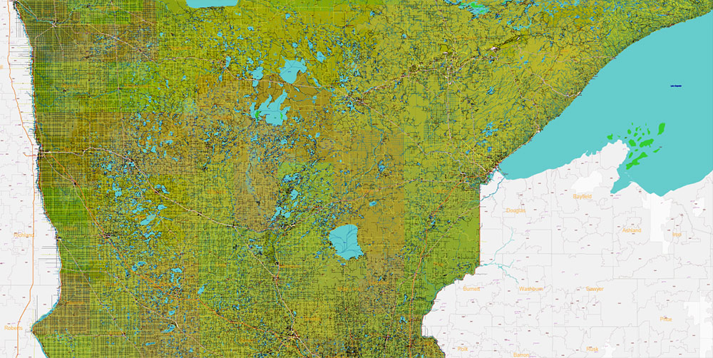 Minnesota State US Shaded Relief Vector Map: Full Extra High Detailed (all roads, zipcodes, airports) + Admin Areas + main road names and shields editable Adobe Illustrator in layers