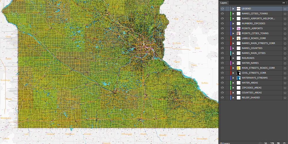 Minnesota State US Shaded Relief Vector Map: Full Extra High Detailed (all roads, zipcodes, airports) + Admin Areas + main road names and shields editable Adobe Illustrator in layers