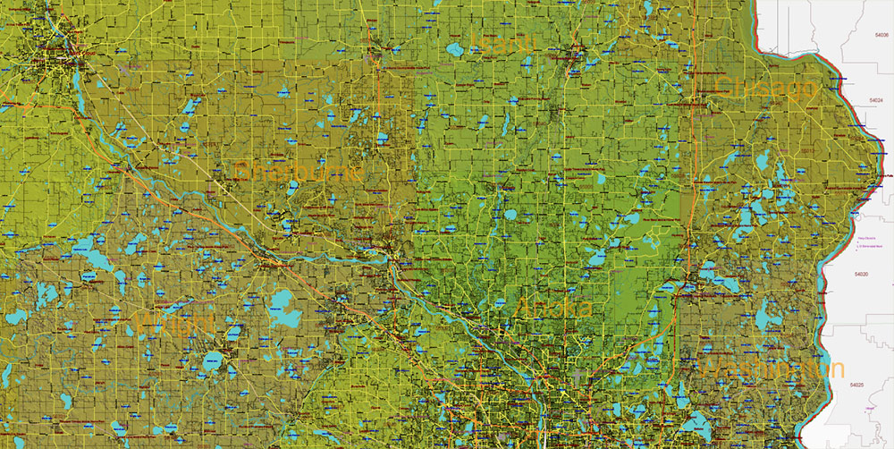 Minnesota State US Shaded Relief Vector Map: Full Extra High Detailed (all roads, zipcodes, airports) + Admin Areas + main road names and shields editable Adobe Illustrator in layers