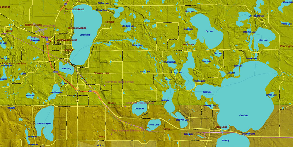 Minnesota State US Shaded Relief Vector Map: Full Extra High Detailed (all roads, zipcodes, airports) + Admin Areas + main road names and shields editable Adobe Illustrator in layers