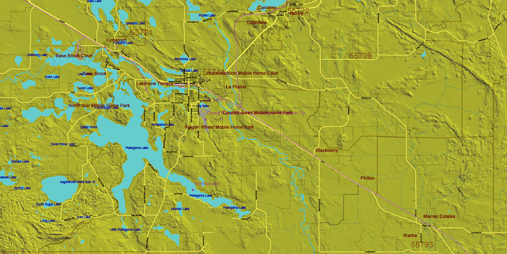 Minnesota State US Shaded Relief Vector Map: Full Extra High Detailed (all roads, zipcodes, airports) + Admin Areas + main road names and shields editable Adobe Illustrator in layers