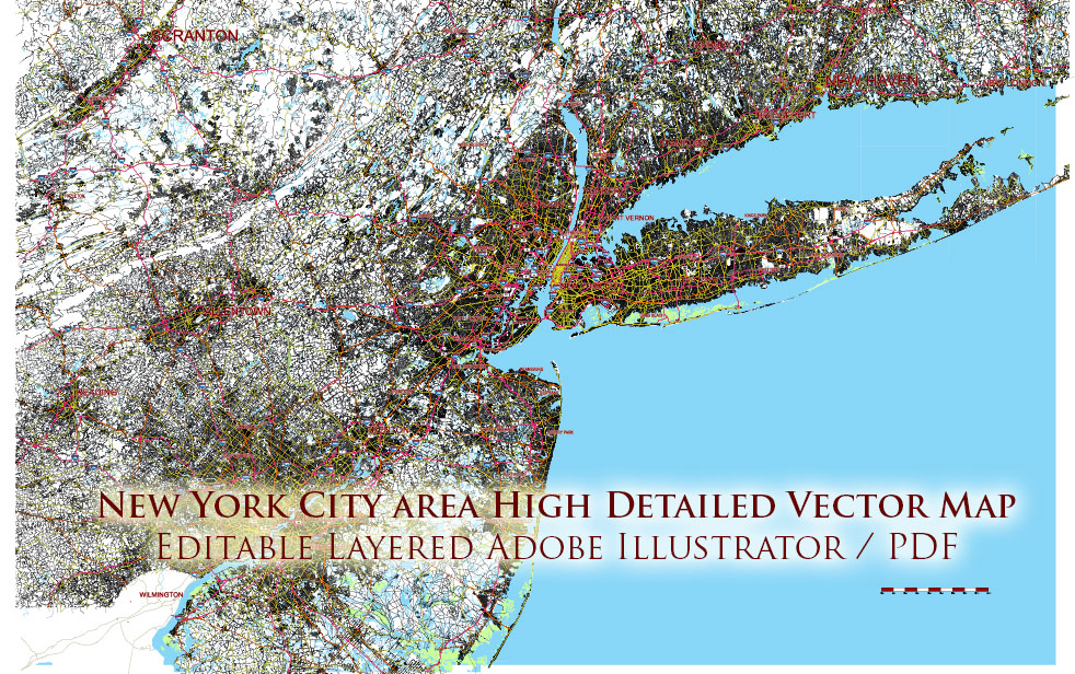 New York City Area Large USA Map Vector Exact City Plan High Detailed Street Map editable Adobe Illustrator in layers