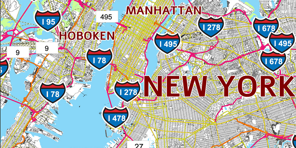 New York City Area Large USA Map Vector Exact City Plan High Detailed Street Map editable Adobe Illustrator in layers