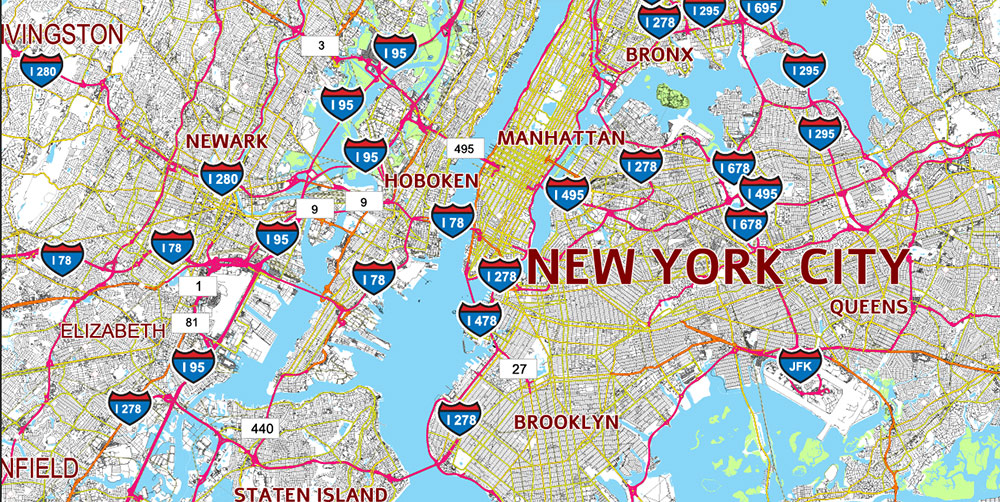 New York City Area Large USA Map Vector Exact City Plan High Detailed Street Map editable Adobe Illustrator in layers