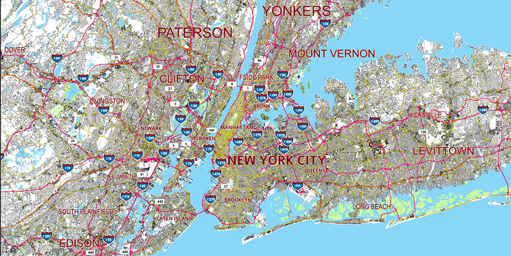 New York City Area Large USA Map Vector Exact City Plan High Detailed Street Map editable Adobe Illustrator in layers