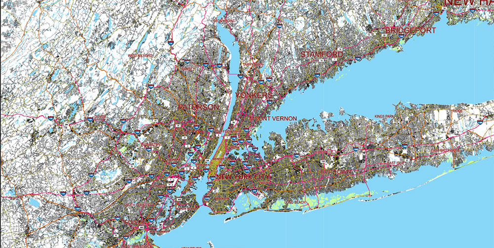 New York City Area Large USA Map Vector Exact City Plan High Detailed Street Map editable Adobe Illustrator in layers