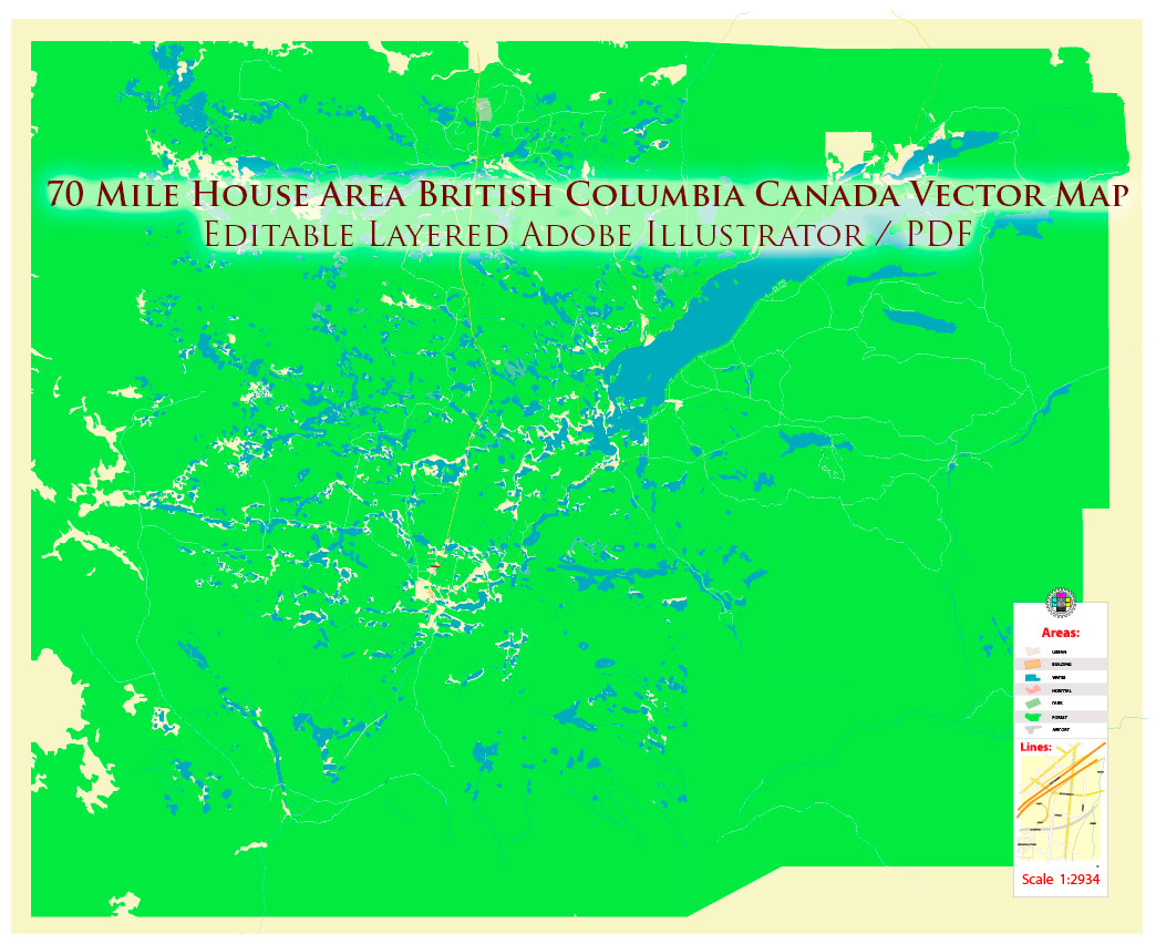 70 Mile House Area British Columbia Canada Map Vector Exact detailed Road Map editable Adobe Illustrator in layers