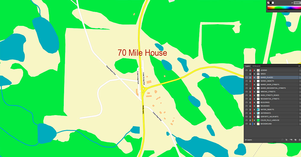 70 Mile House Area British Columbia Canada Map Vector Exact detailed Road Map editable Adobe Illustrator in layers